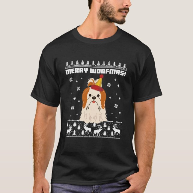 Camiseta Shih Tzu Merry Woofmas Ugly Christmas Sweater Esse (Frente)