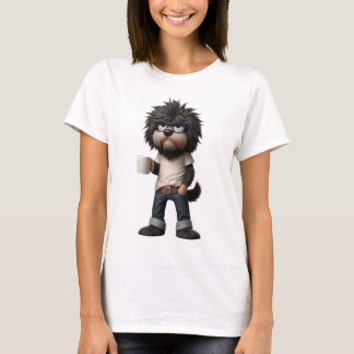 Camiseta Shirt mit Hund der eine Tasse in der Hand hat.