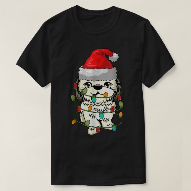 Camiseta Shitzu Dog Feia Natal Suor Luzes de Árvore Xmas (Frente do Design)