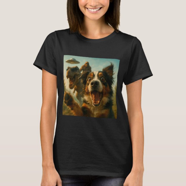 Camiseta Shocked Australian Shepherd Dog T-rex Bigfoot Ufo  (Frente)