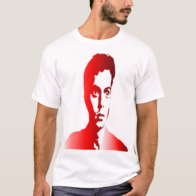Camiseta Shuette vermelha de um homem com uma expressão pre (Frente)