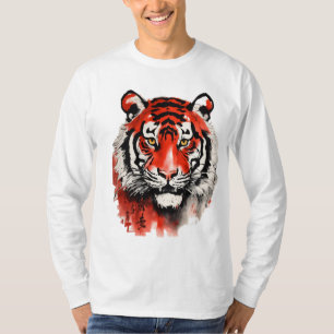 Camiseta shuǐ mò huà, 水 墨 画, tinta preta e vermelha, tigre