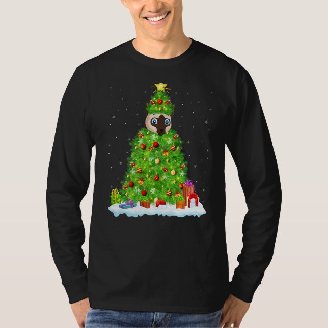 Camiseta Siamês Cat Xmas Lighting Tree Funny Siamese Cat C (Frente)