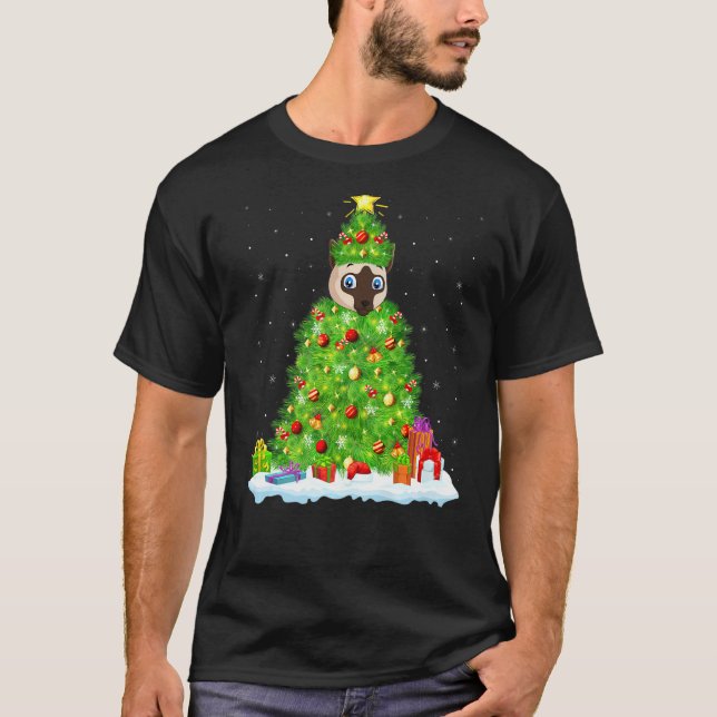 Camiseta Siamês Cat Xmas Lighting Tree Funny Siamese Cat C (Frente)