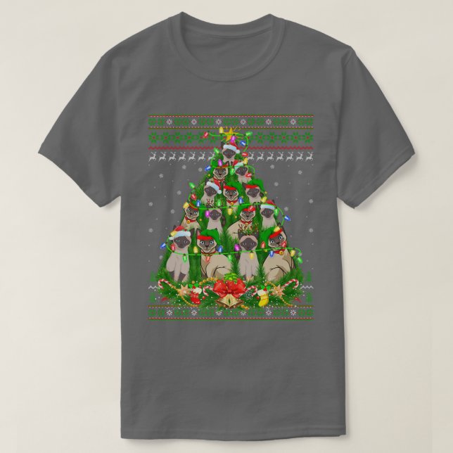 Camiseta Siamês Cat Xmas Lighting Tree Siamese Cat Ugly Ch (Frente do Design)