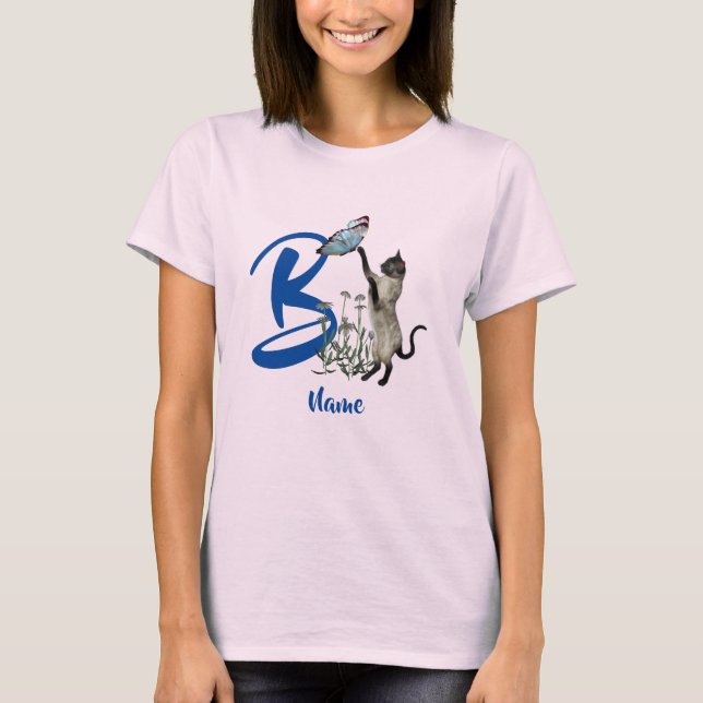 Camiseta Siamese Cat Butterfly Monograma Inicial B (Frente)