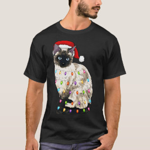 Camiseta Siamese Cat Christmas Santa Hat Natal Luzes C