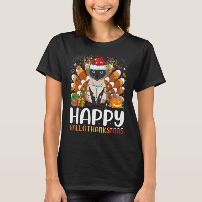 Camiseta Siamese Cat Halloween Natal Feliz HalloObrigado (Frente)