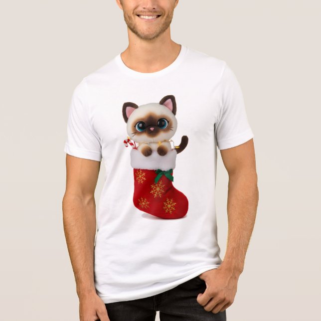 Camiseta Siamese Cat in Christmas Stocking with Lights (Frente)