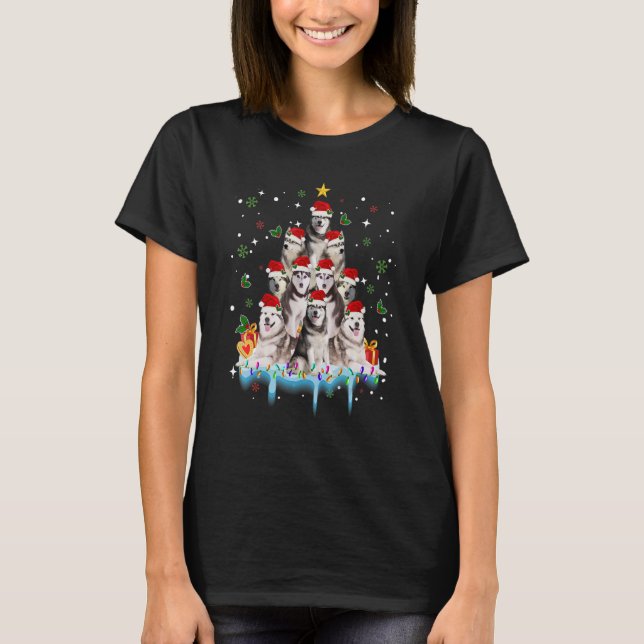 Camiseta Siberian Husky Christmas Dog Tree Lights Pajamas F (Frente)