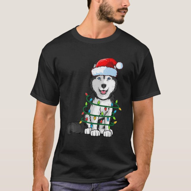 Camiseta Siberian Husky Christmas Santa Hat Xmas Lights Dog (Frente)