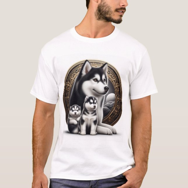 Camiseta Siberian Husky Com Pups (Frente)