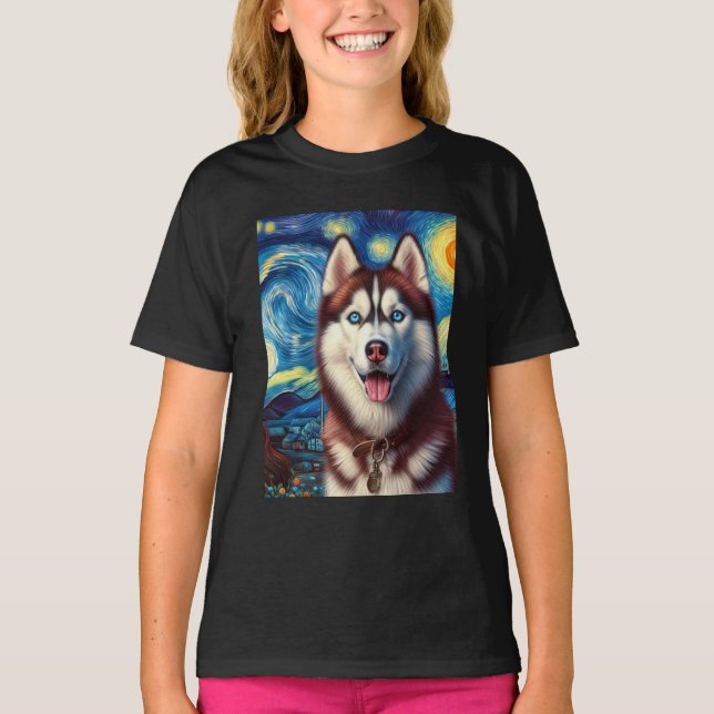 Camiseta Siberian Husky Dog Art Van Gogh Starry Night Siber (Frente)
