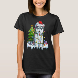 Camiseta Siberian Husky Papais noeis Árvore de Natal Luzes 