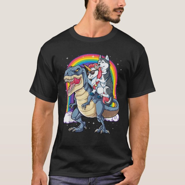 Camiseta Siberian Husky Unicorn Dinossaur T rex Funny Rainb (Frente)
