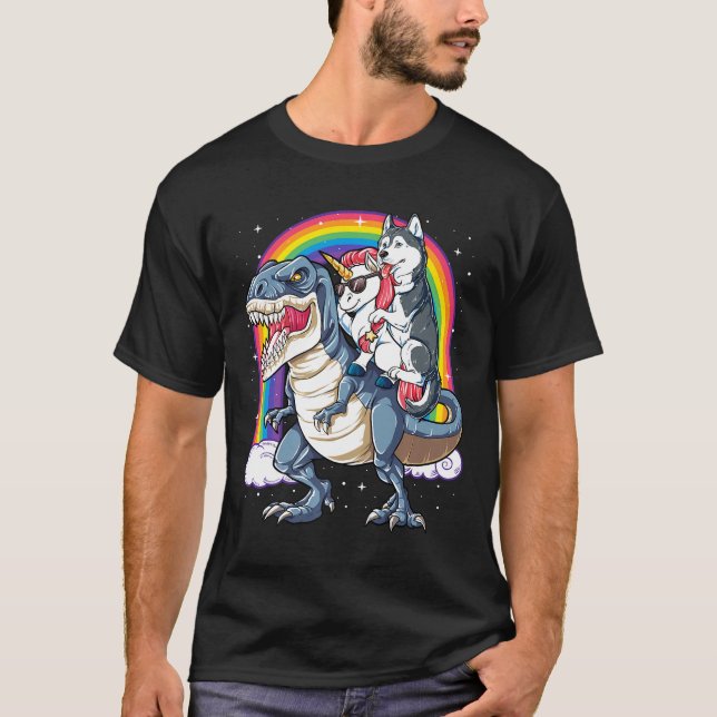 Camiseta Siberian Husky Unicorn Dinossaur T rex Funny Rainb (Frente)