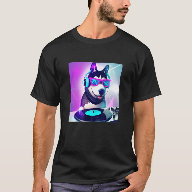 Camiseta Siberian husky Vaporwave DJ Dog Aestic Boys Gi (Frente)