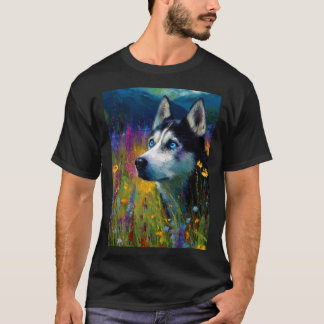 Camiseta Siberian Husky with wildflowers
