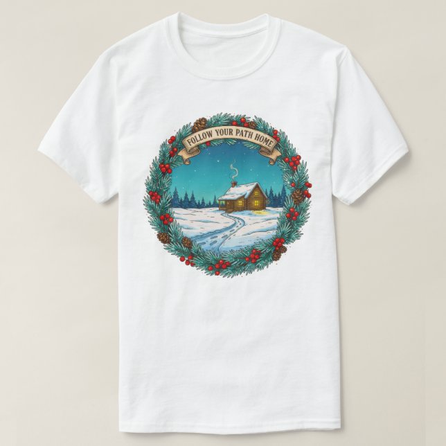 Camiseta Siga seu caminho para a cena da cabine de Natal (Frente do Design)