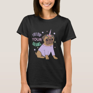 Camiseta Siga seus sonhos Pug Unicorn Pugicorn Colour