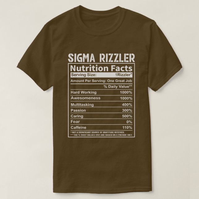 Camiseta Sigma Rizzler Nutrição Fatos Rizz Funny Rizzler S (Frente do Design)