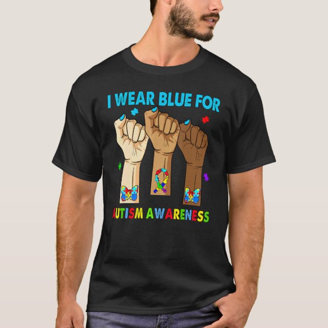 Camiseta Silêncio Mão Eu Uso Azul Para Conscientização do A (Frente)