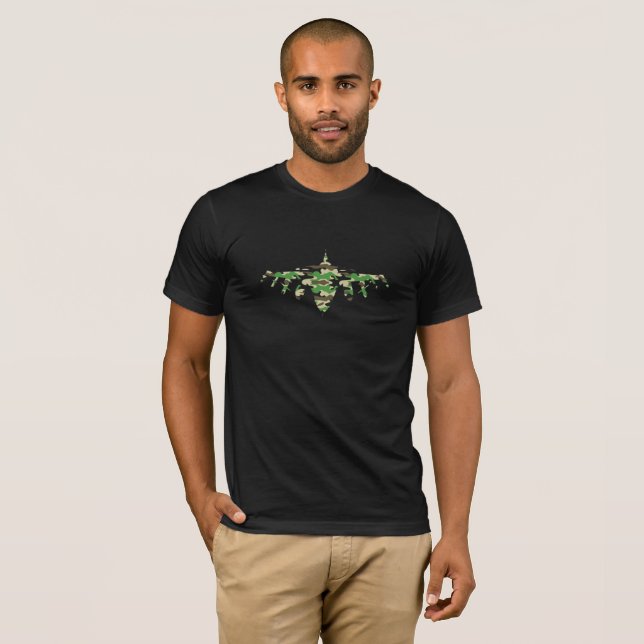 Camiseta Silhouett, avião militar de combate à camuflagem d (Frente Completa)