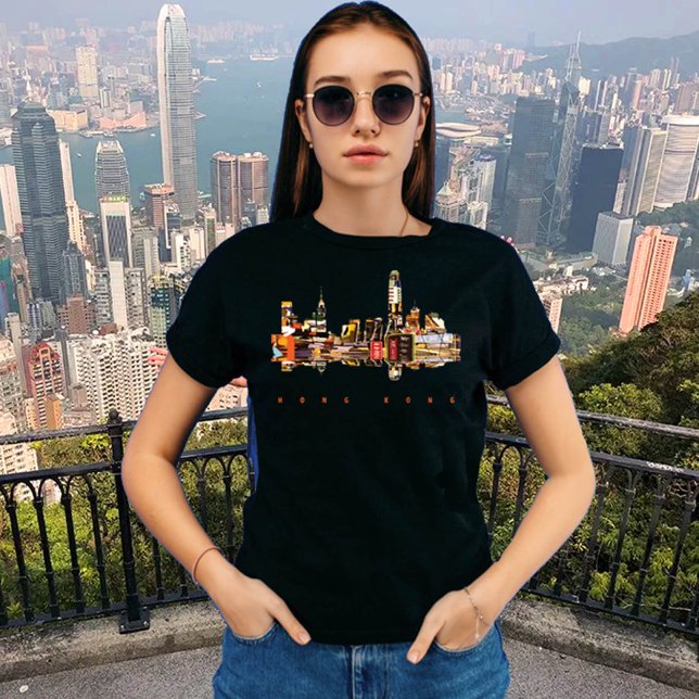 Camiseta Silhouette colorida de Hong Kong (Hong Kong, black t-shirt for women)