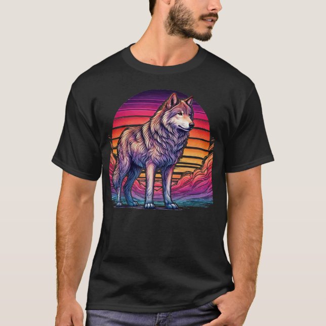 Camiseta Silhouette do Lobo Sunset Retro (Frente)