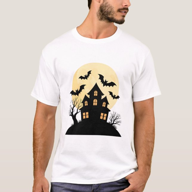 Camiseta Silhueta assombrada com lua cheia e morcegos (Frente)