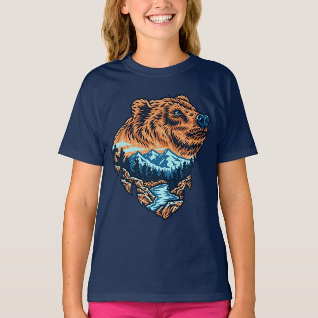 Camiseta Silhueta da Cabeça de Urso Pardo Montanha Floresta (Frente)