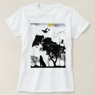 Camiseta silhueta da vida selvagem da floresta mística pôr