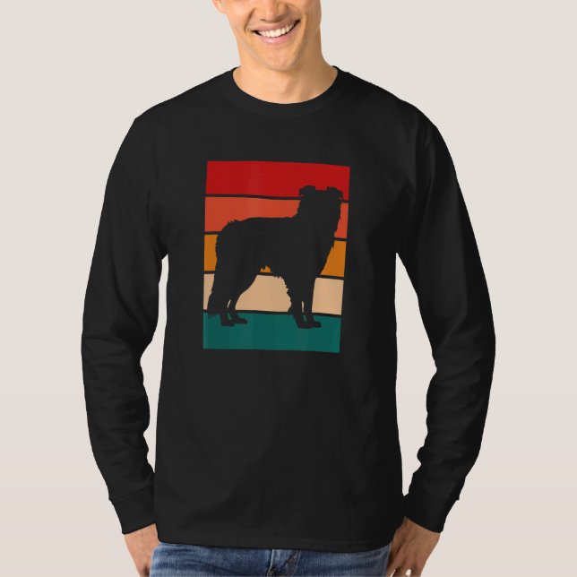 Camiseta Silhueta de Border Collie com Fundo de Cores Retro (Frente)
