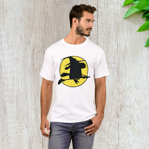 Camiseta Silhueta de Bruxa Voando em Vassoura Contra Lua Ch