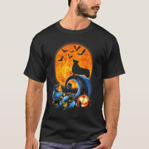 Camiseta Silhueta de Cachorro Corgi Lua Abóbora Morcego Hal