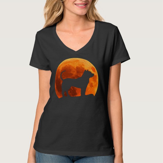 Camiseta Silhueta De Cachorro Pitbull Na Lua (Frente)