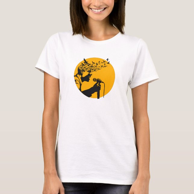 Camiseta Silhueta de Cantor com Pássaros (Frente)