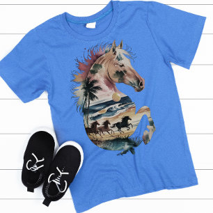 Camiseta Silhueta de Cavalo de Água Tropical Oceânica Sunse