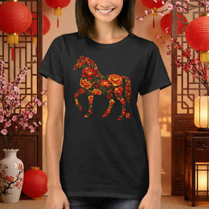 Camiseta Silhueta de Cavalo Floral Arte Botânica Chinesa