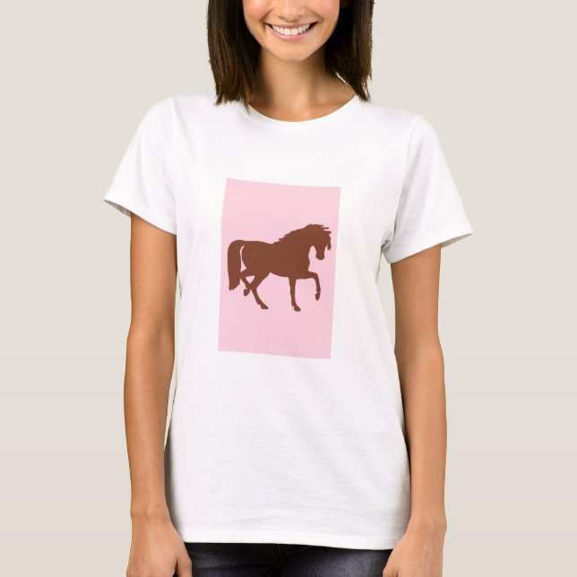 Camiseta Silhueta de cavalo marrom a rosa (Frente)