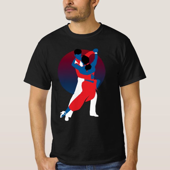 Camiseta Silhueta de dança vermelha e azul - dançarinos Tan (Frente)