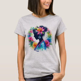 Camiseta Silhueta de Enfermeira com Florais em Aquarela - E