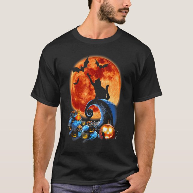 Camiseta Silhueta de Fantasia de Halloween de Gato e Lua (Frente)