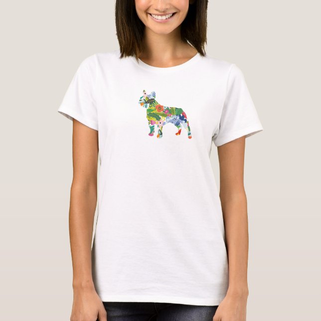Camiseta Silhueta de Flores de Bulldog Francês  (Frente)