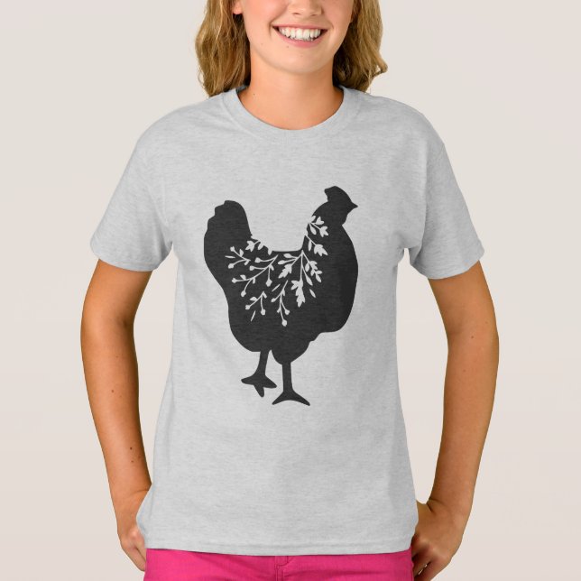 Camiseta silhueta de frango floral galinhas (Frente)