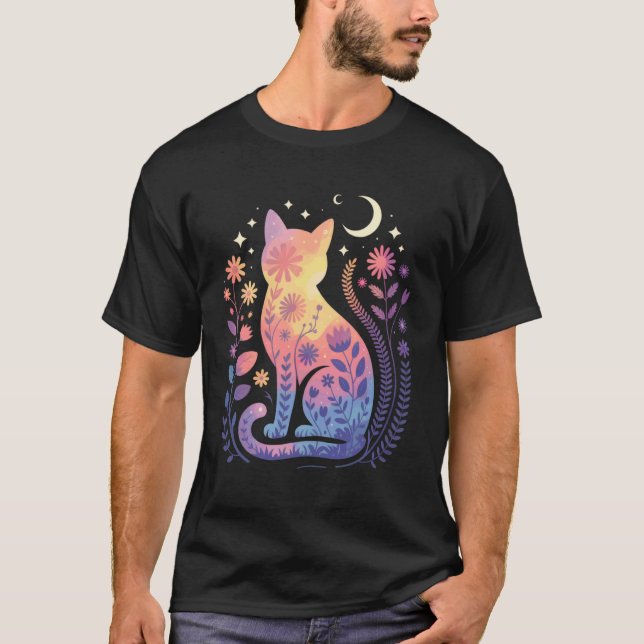 Camiseta Silhueta de Gato Com Flores Lua e Estrelas Mística (Frente)