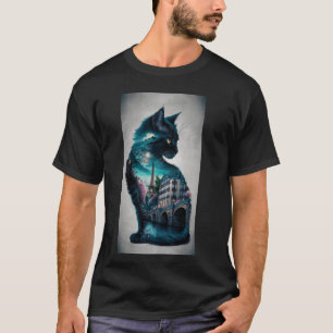 Camiseta Silhueta de Gato com Paisagem Urbana Noturna e Rio