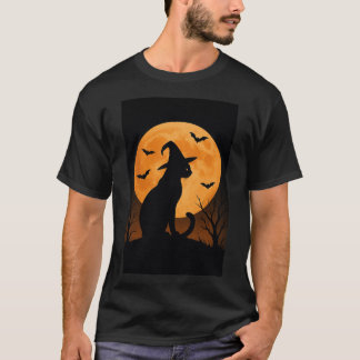 Camiseta Silhueta De Gato De Bruxa Com Lua Cheia E Morcegos