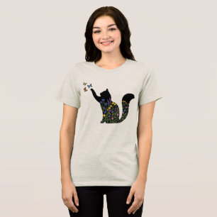 Camiseta Silhueta de Gato Flor Silvestre Borboleta