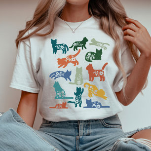 Camiseta Silhueta de Gato Floral Amante de Gatos Botânico